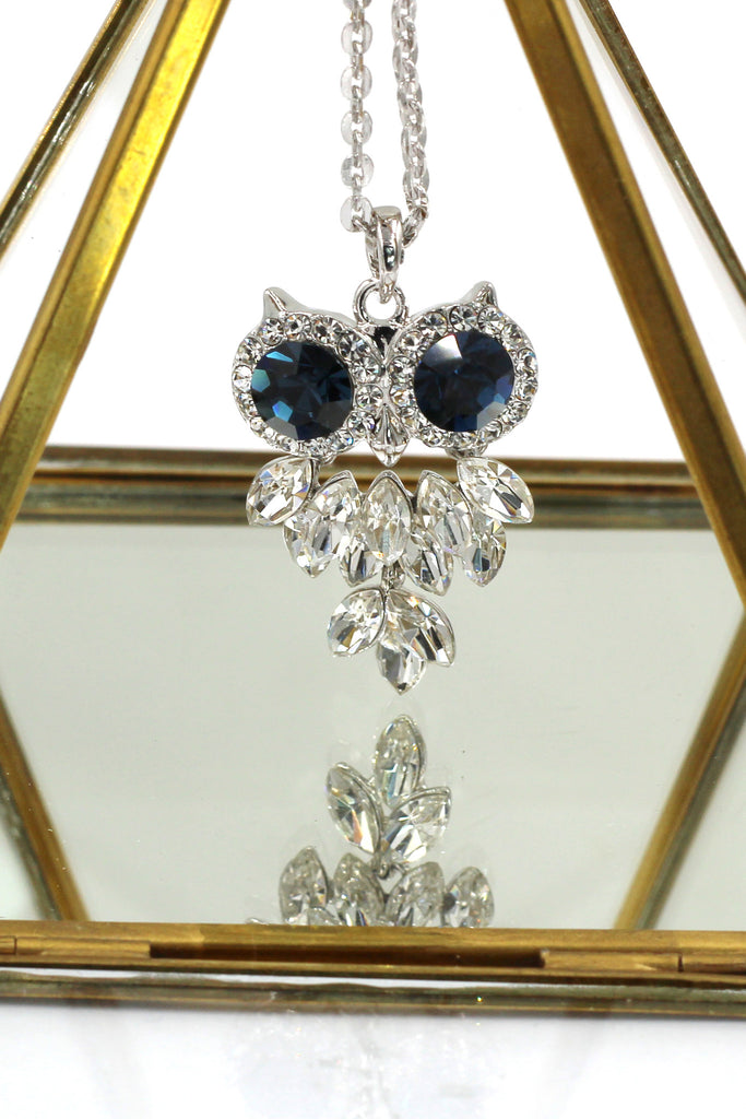 lovely crystal blue eye owl necklace earrings set