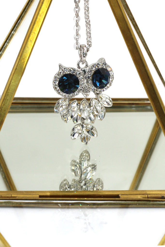 lovely crystal blue eye owl necklace earrings set