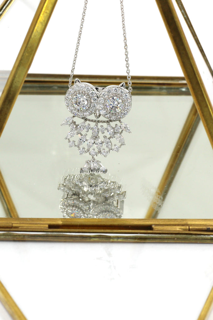 lovely crystal pendant owl necklace earrings set