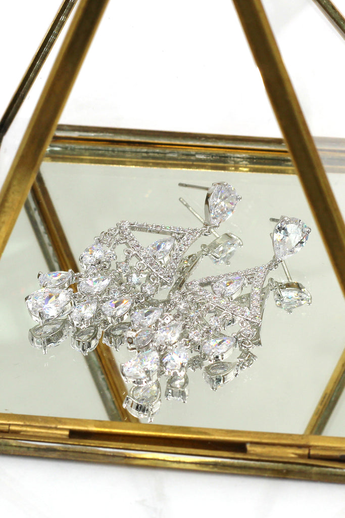 shining triangle crystal pendant silver earrings