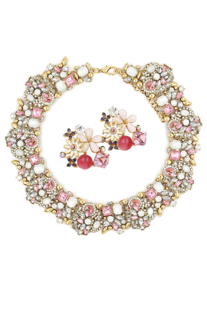 noble colorful crystal flower earrings necklace set