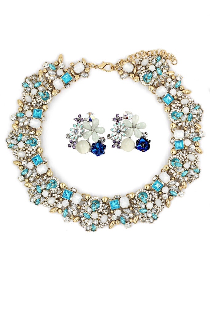 noble colorful crystal flower earrings necklace set