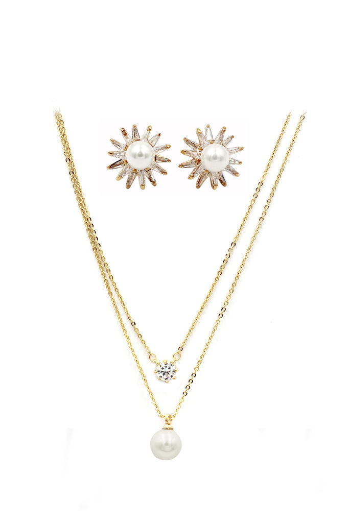 small daisy crystal pearl earring necklace set