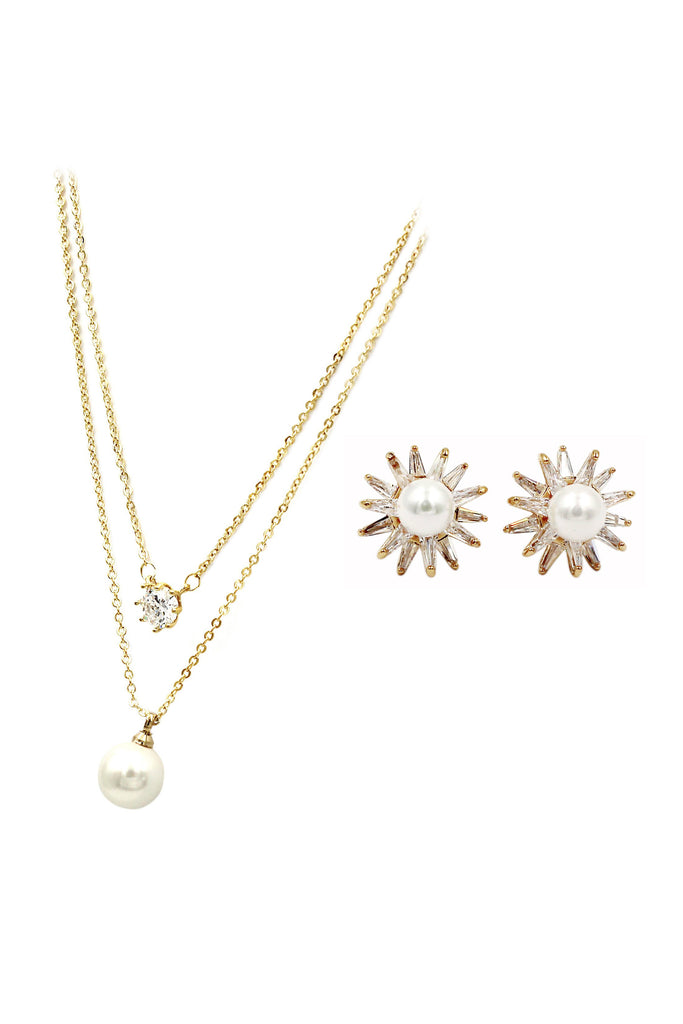 small daisy crystal pearl earring necklace set