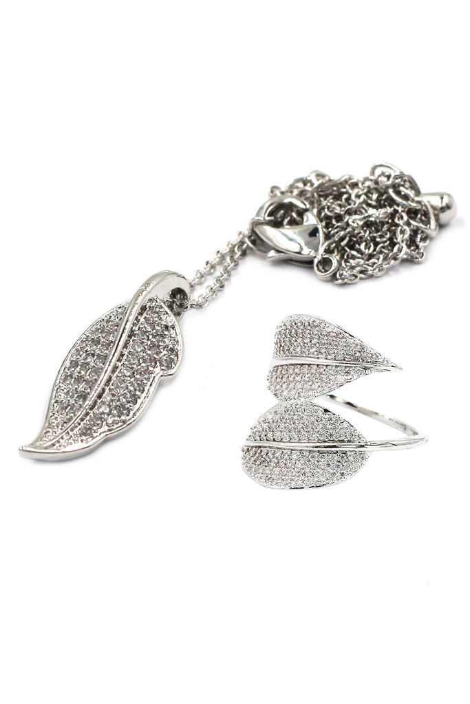 leaf crystal ring necklace set