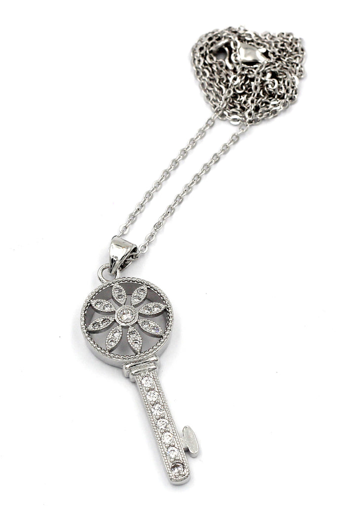fashion hollow flower crystal key necklace