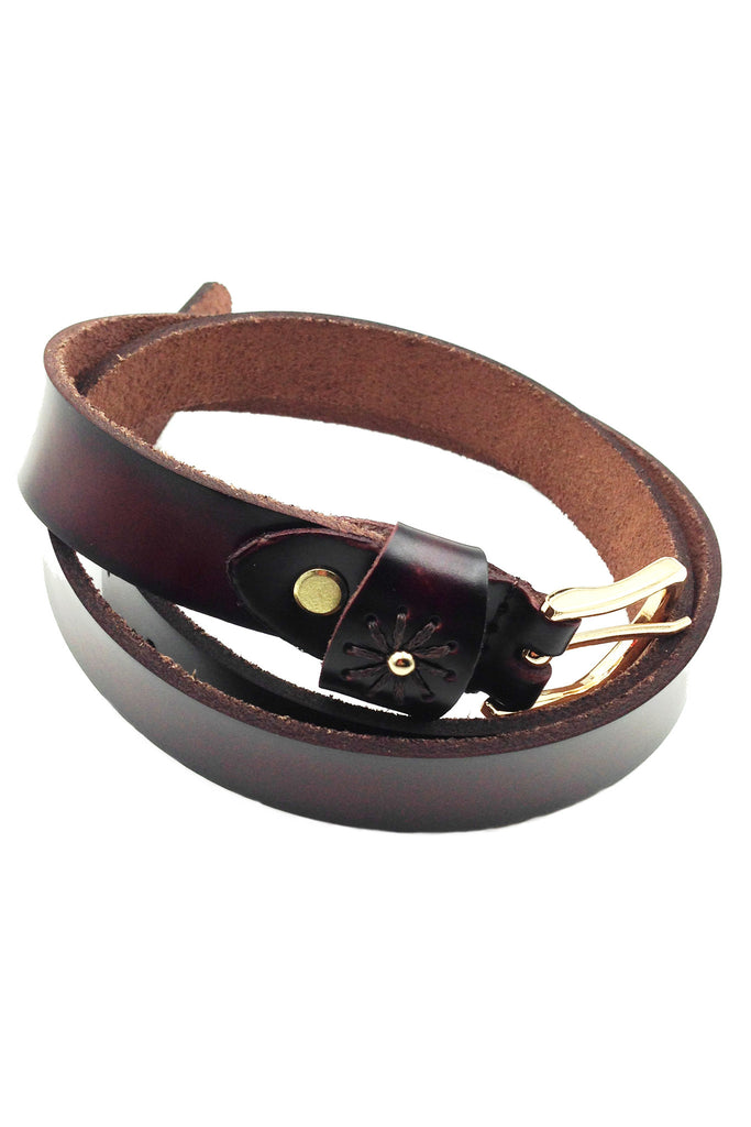 gold buckle single flower leather belt