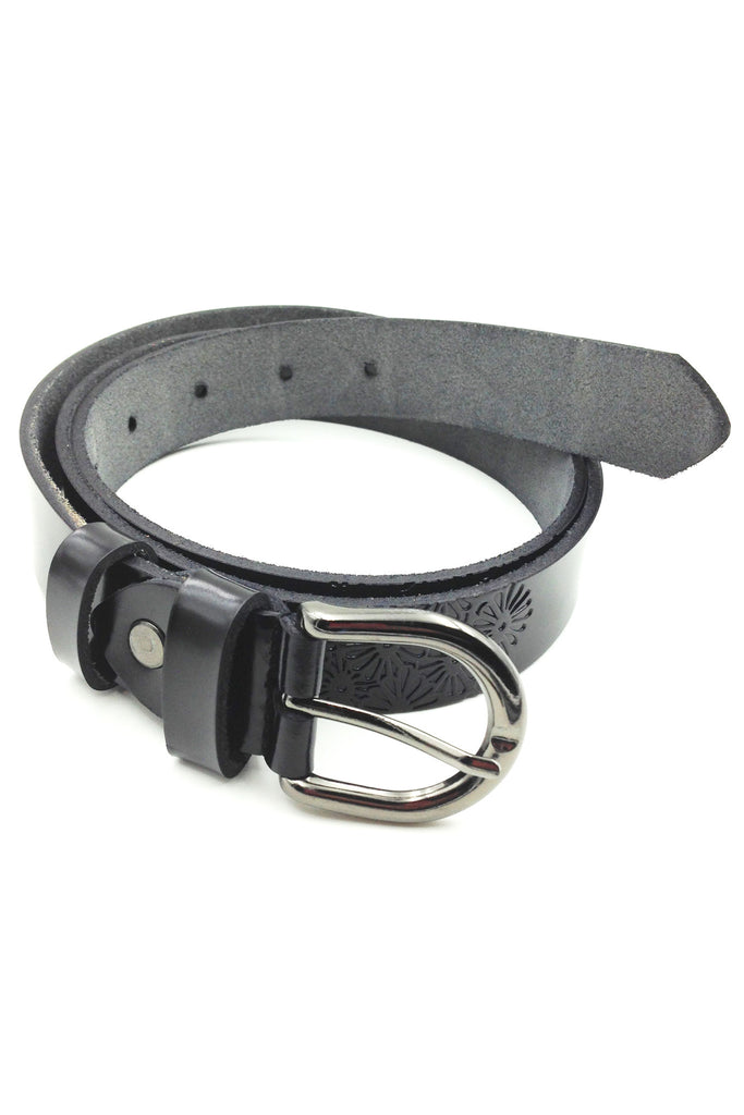 Silver Buckle flowers black leather belt