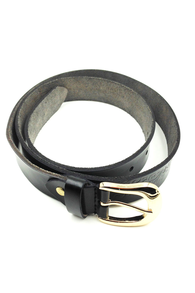 Gold BuckleTattoos blue leather belt