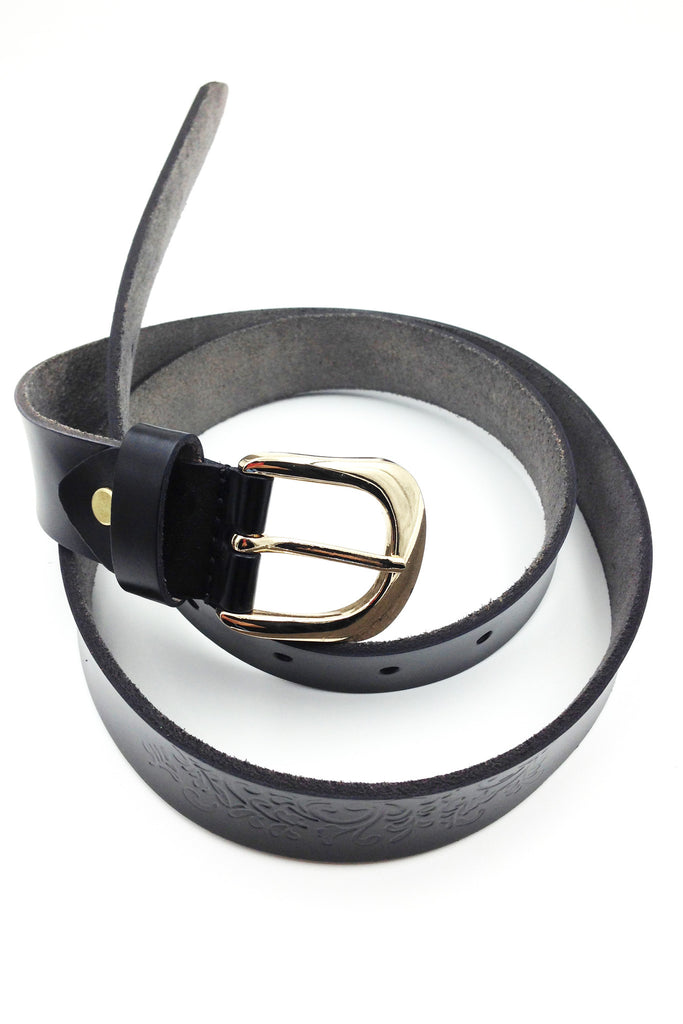 Gold BuckleTattoos blue leather belt