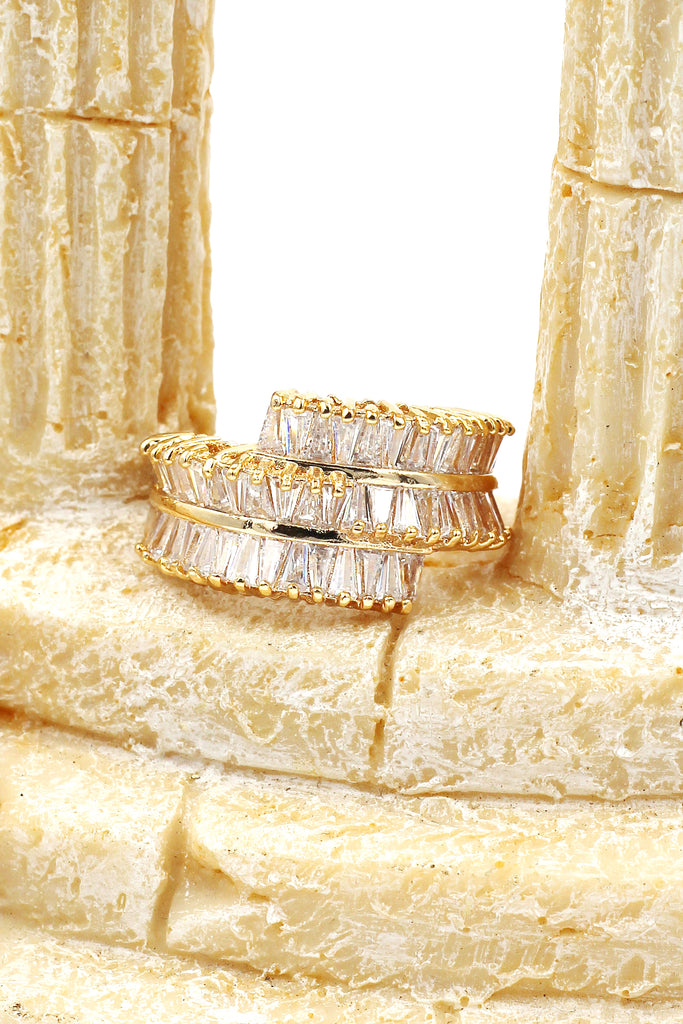 golden three-tiered crystal ring