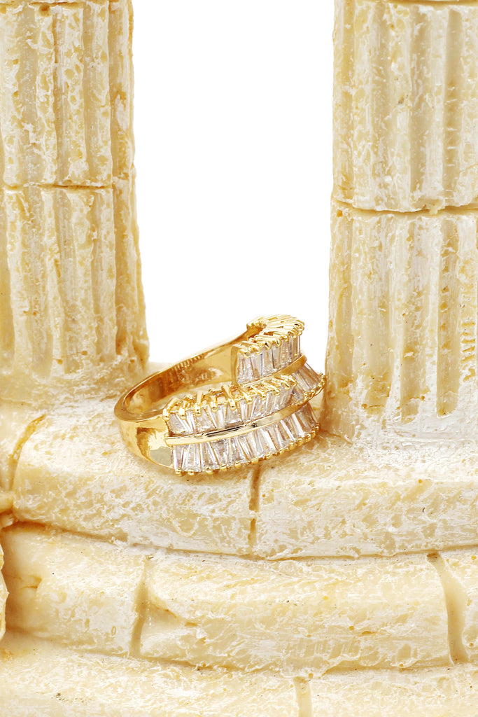 golden three-tiered crystal ring