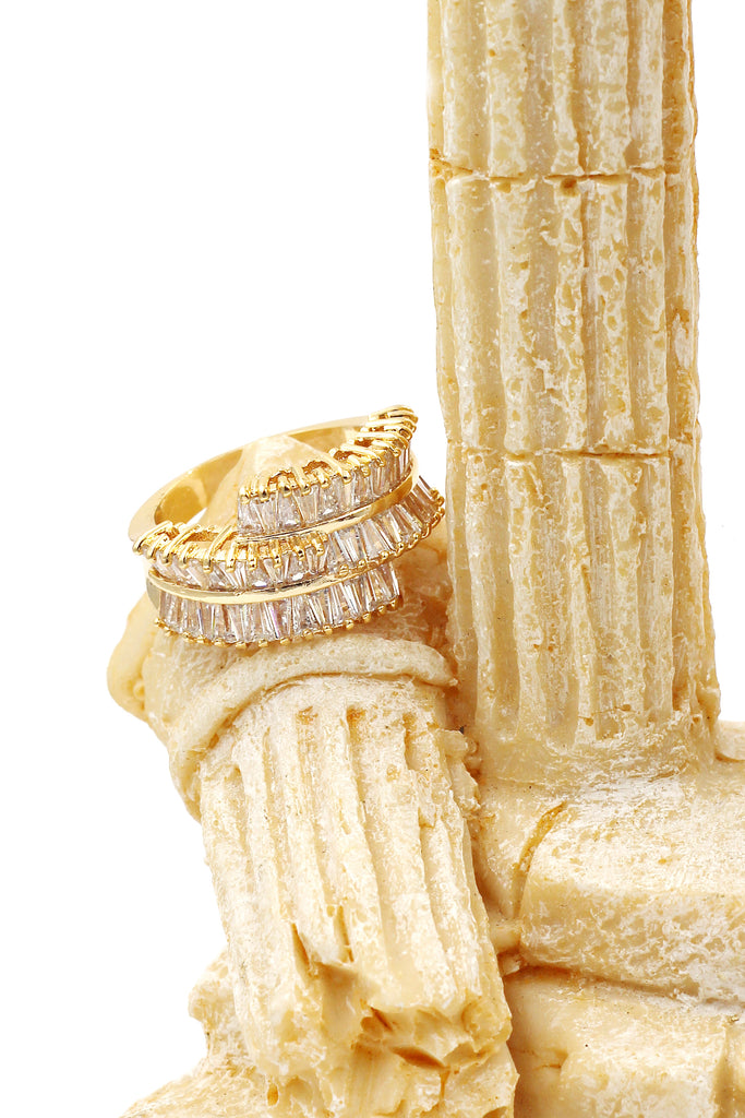 golden three-tiered crystal ring