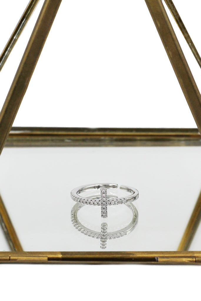 Elegant crystal cross open silver ring