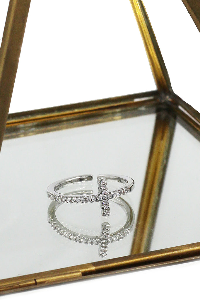 Elegant crystal cross open silver ring