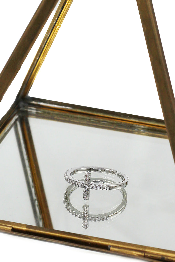 Elegant crystal cross open silver ring