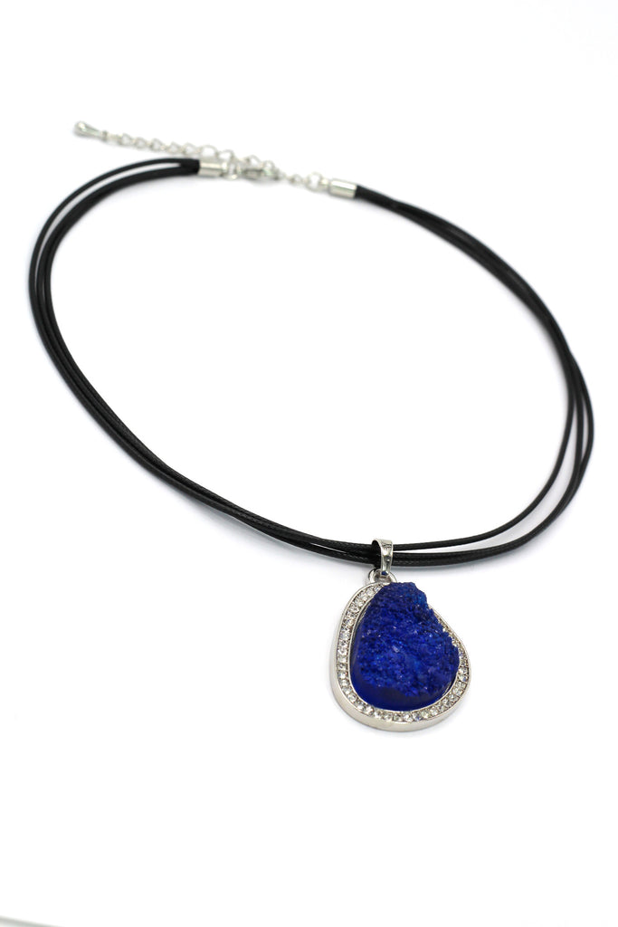 fashion blue crystal original black leather necklace