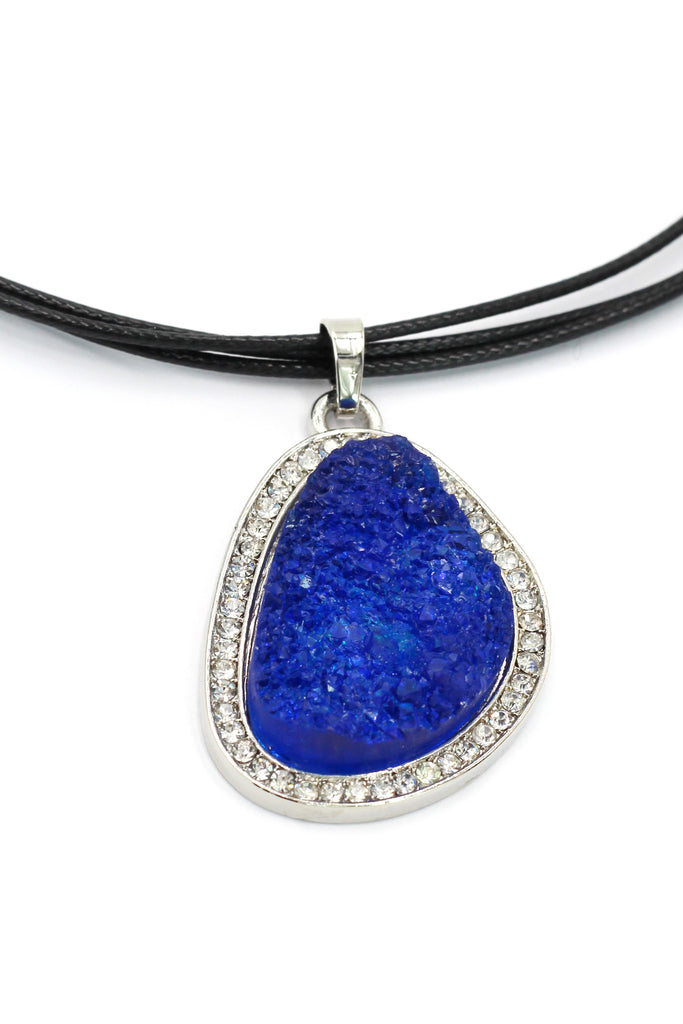 fashion blue crystal original black leather necklace