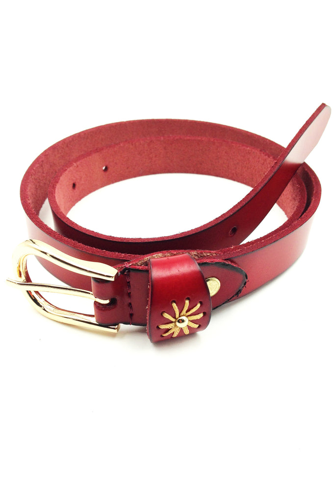 gold buckle single flower leather belt