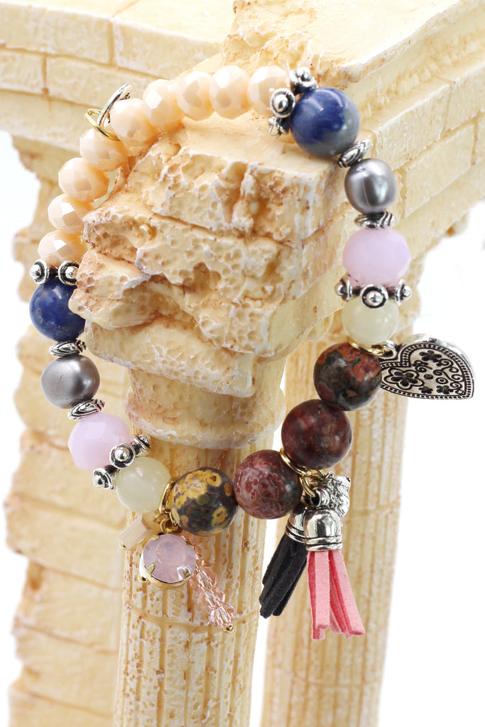 colorful bead silver heart bracelet