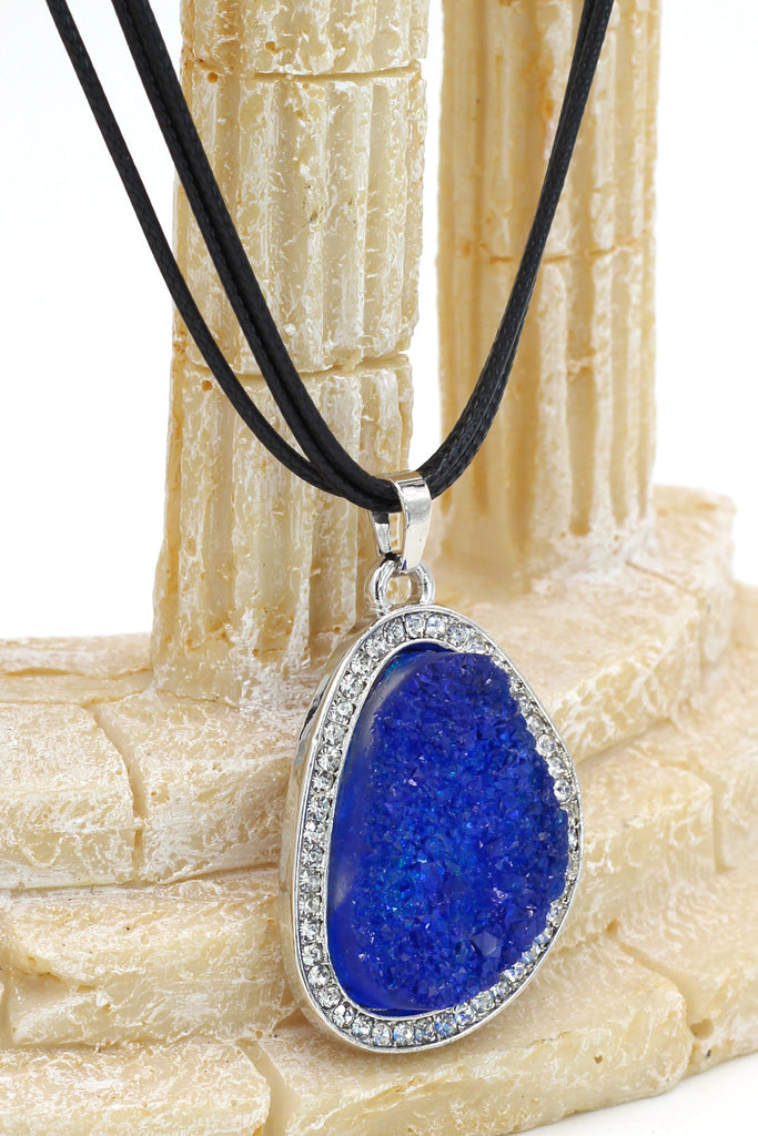 fashion blue crystal original black leather necklace