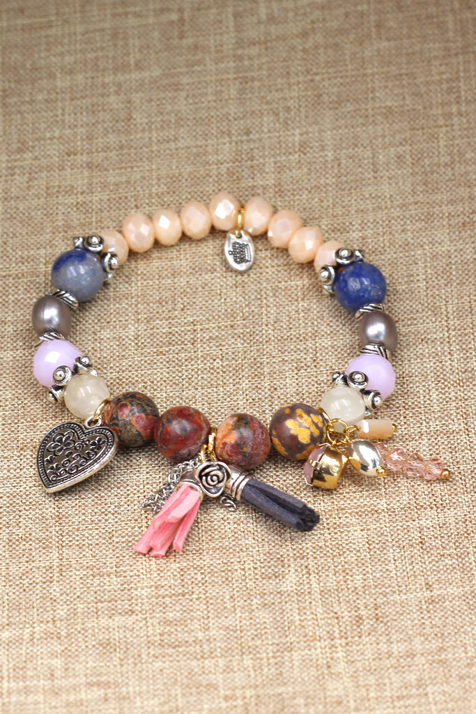 colorful bead silver heart bracelet