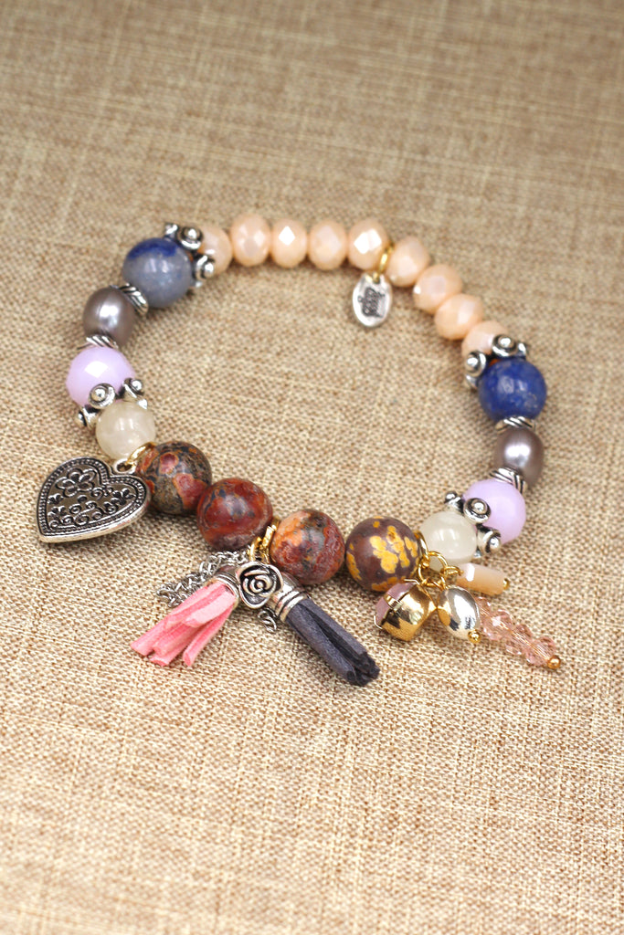 colorful bead silver heart bracelet