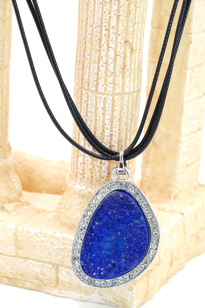 fashion blue crystal original black leather necklace