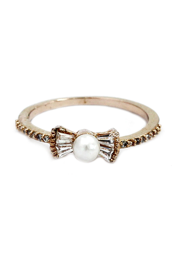 delicate bow pearl crystal ring earrings set
