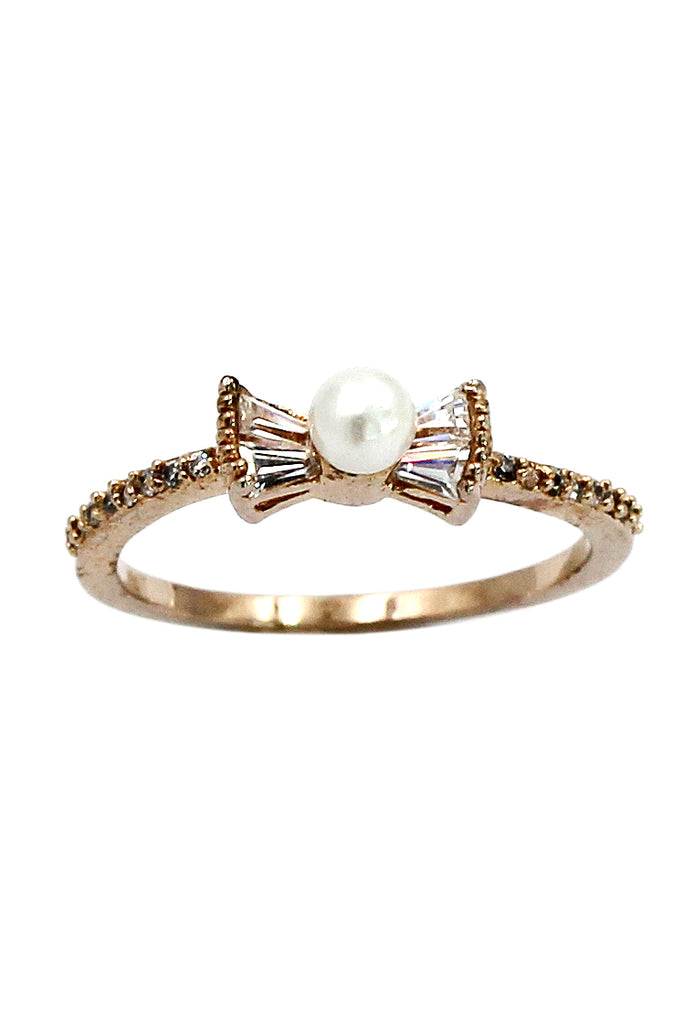 delicate bow pearl crystal ring