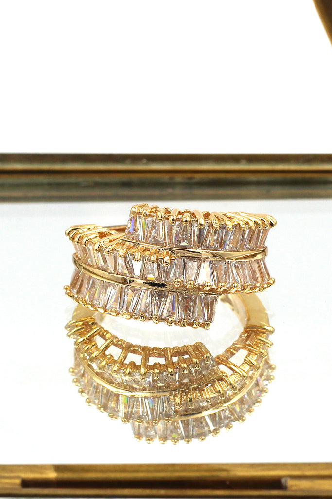 golden three-tiered crystal ring