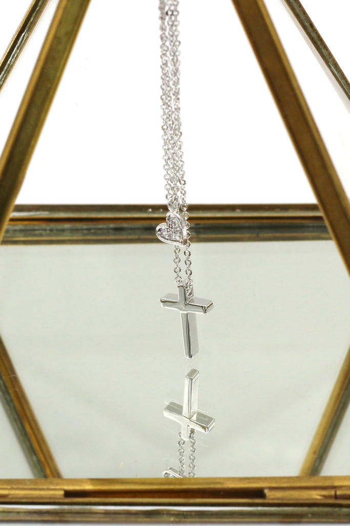 duplexes small crystal cross and heart necklace