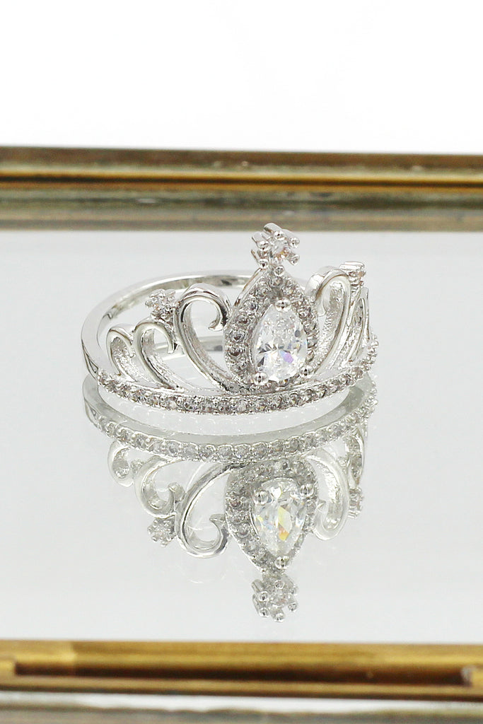 silver noble crown crystal ring