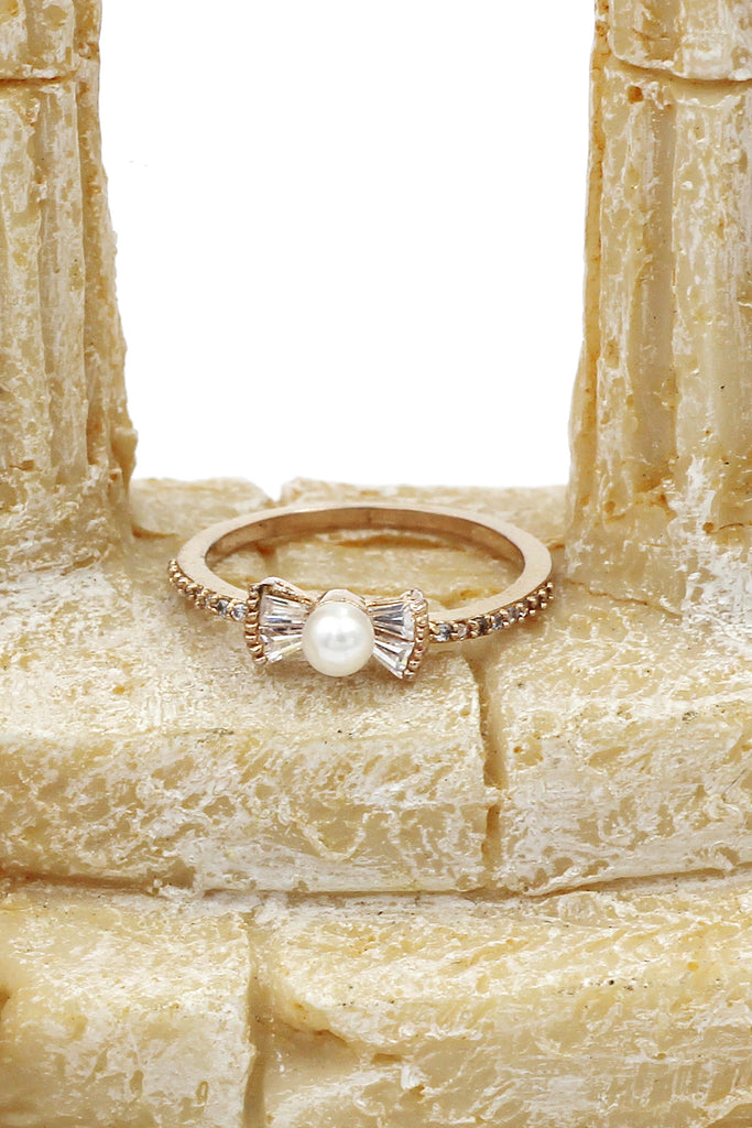 delicate bow pearl crystal ring earrings set
