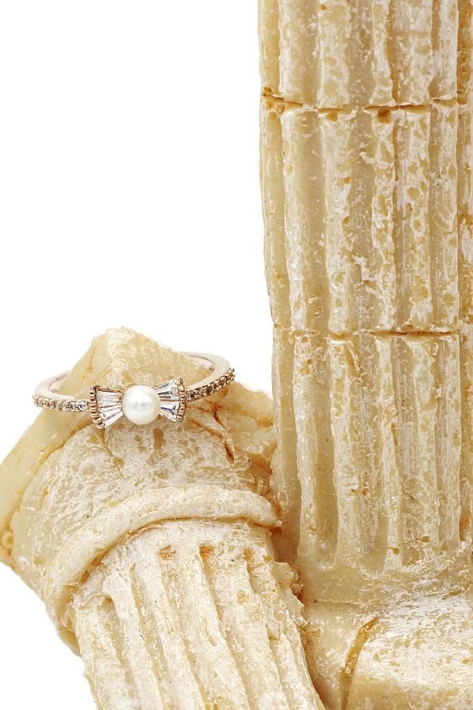 delicate bow pearl crystal ring earrings set