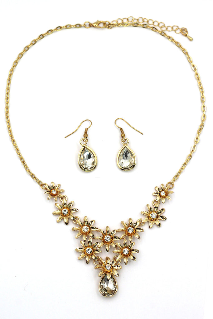 brilliant golden flower crystal necklace earrings set