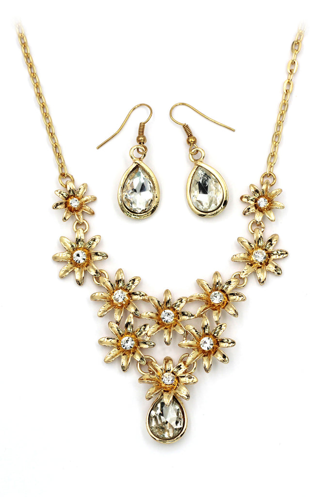 brilliant golden flower crystal necklace earrings set