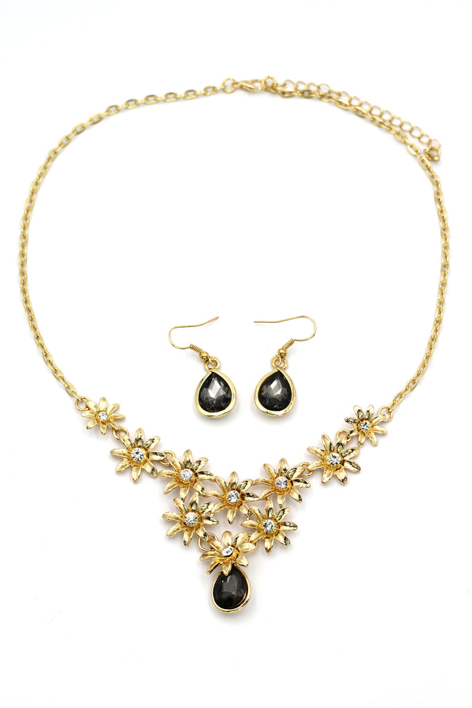 brilliant golden flower crystal necklace earrings set