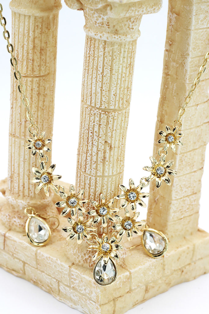 brilliant golden flower crystal necklace earrings set