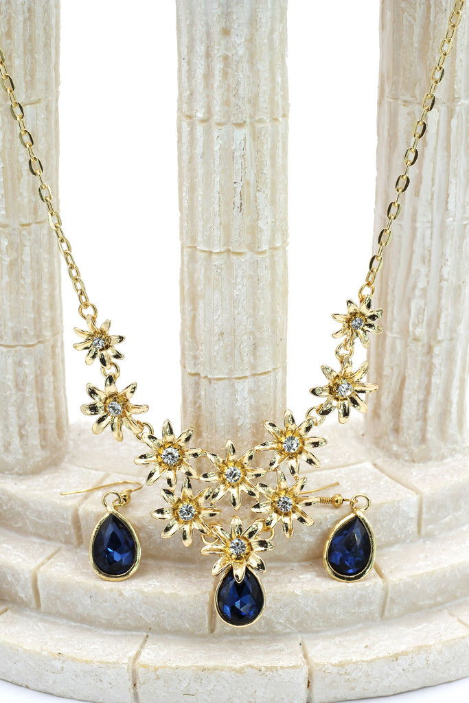 brilliant golden flower crystal necklace earrings set