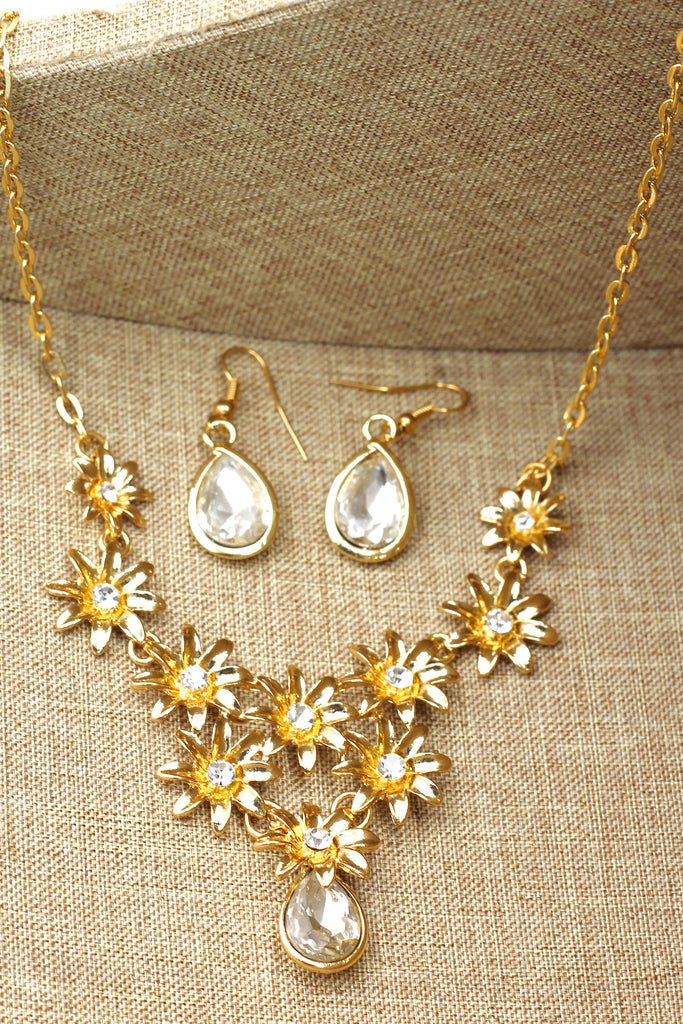 brilliant golden flower crystal necklace earrings set