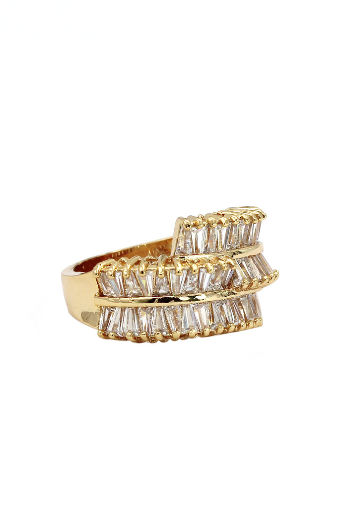 golden three-tiered crystal ring