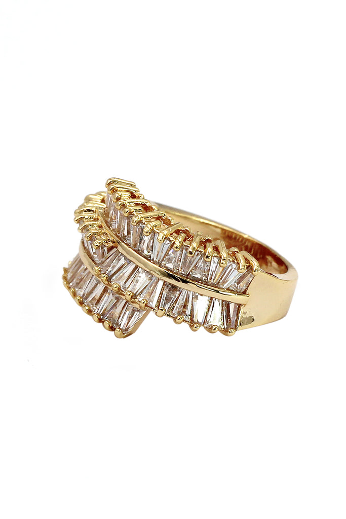 golden three-tiered crystal ring