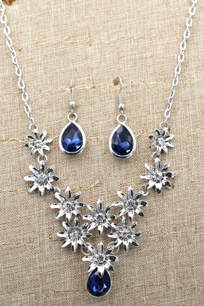 brilliant silver flowers color crystal necklace earrings set