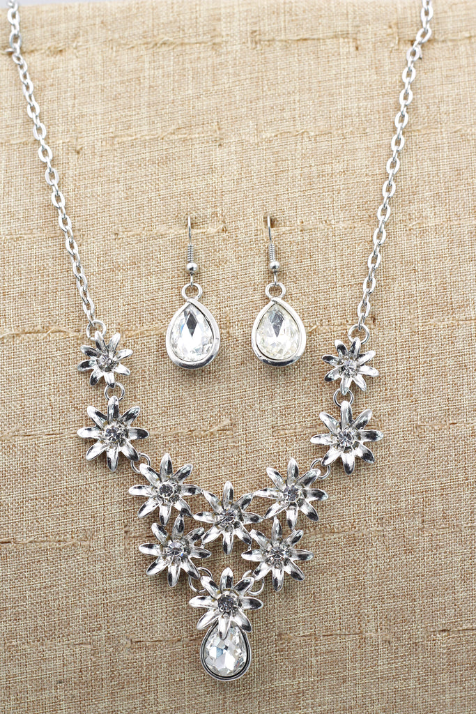 brilliant silver flowers color crystal necklace earrings set