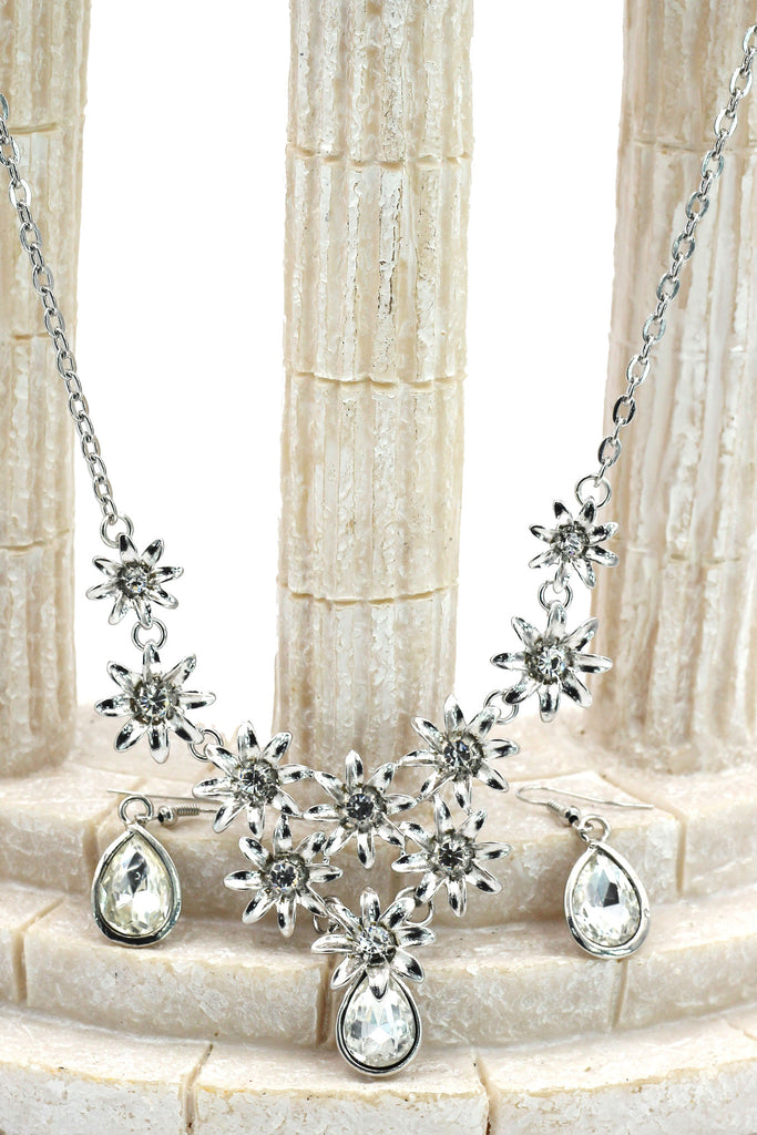 brilliant silver flowers color crystal necklace earrings set