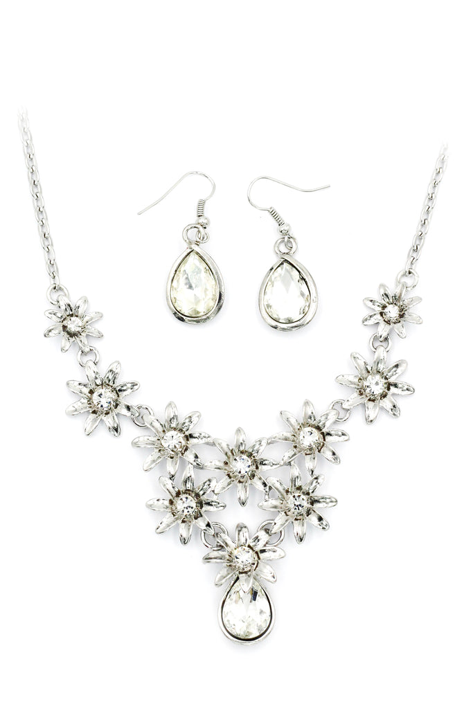 brilliant silver flowers color crystal necklace earrings set