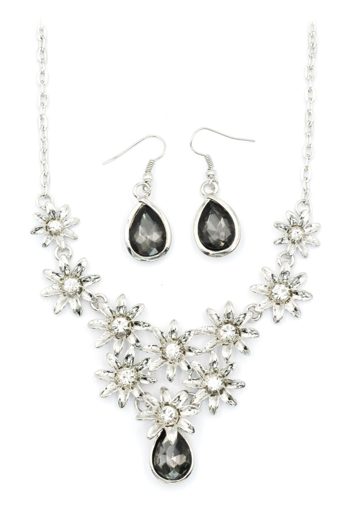 brilliant silver flowers color crystal necklace earrings set