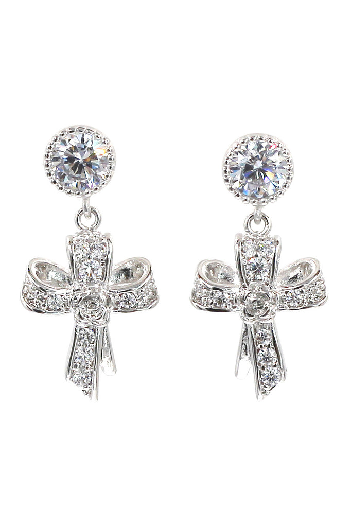 fashion ribbon cross crystal pendant earrings
