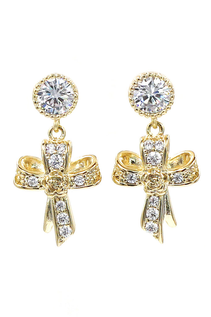 fashion ribbon cross crystal pendant earrings